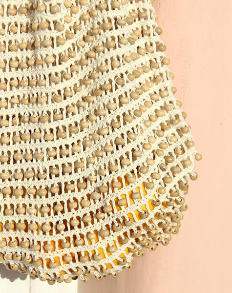 Karma Wooden Crochet Beads Bag in Natural White